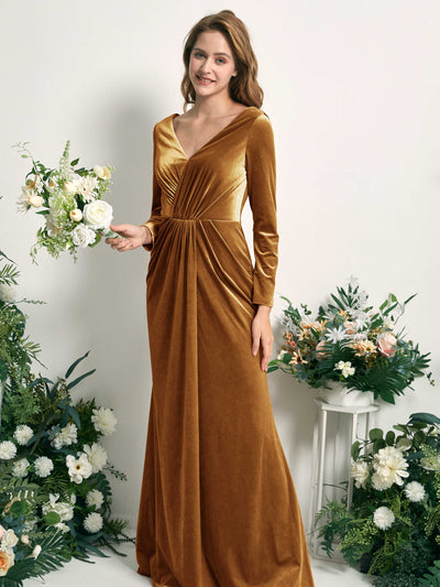 Carlyna Ophelia Mermaid Burnished Gold Velvet Bridesmaid Dress Maxi Long Sleeve V-Neck Side View 2 #color_burnished-gold