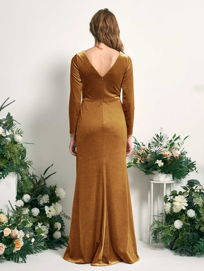 Carlyna Ophelia Mermaid Burnished Gold Velvet Bridesmaid Dress Maxi Long Sleeve V-Neck Back View #color_burnished-gold