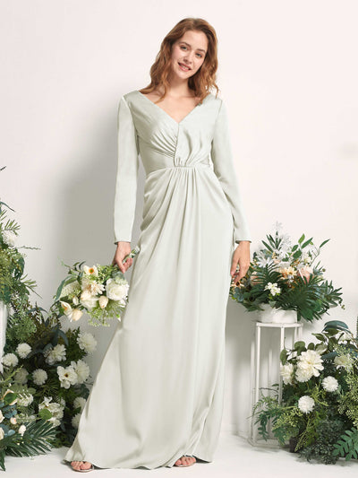 Carlyna Alicia Mermaid Ivory Satin Bridesmaid Dress Maxi Long Sleeve V-Neck Front View #color_ivory