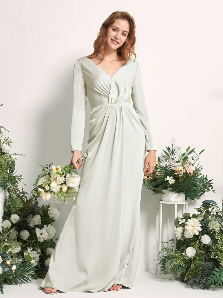 Ivory Bridesmaid Dresses Bridesmaid Dress A-line Satin V-neck Full Length Long Sleeves Wedding Party Dress (80225876)