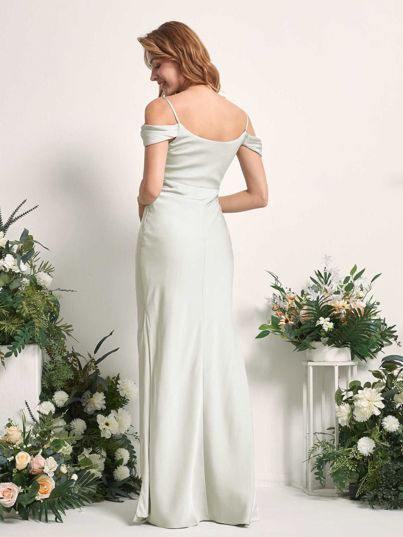 Dusty Blue Satin Bridesmaid Dress Mermaid Maxi Off-the-Shoulder