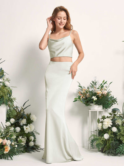 Carlyna Felicity Two-Piece Ivory Satin Bridesmaid Dress Maxi Sleeveless Cowl Neck Dress Front View #color_ivory