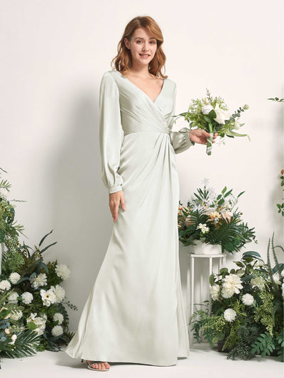 Carlyna Taylor Mermaid Ivory Satin Bridesmaid Dress Maxi Long Sleeve V-Neck Front View #color_ivory