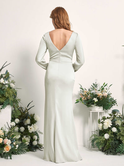 Carlyna Taylor Mermaid Ivory Satin Bridesmaid Dress Maxi Long Sleeve V-Neck Back View #color_ivory