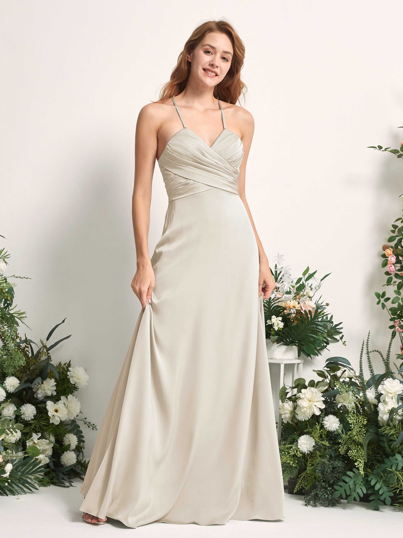 Ivory Satin V-Neck Bridesmaid Dress A-Line Floor-Length | Carlyna Ivory Satin V-Neck Bridesmaid Dress A-Line Floor-Length | Carlyna