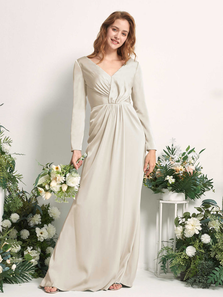 Champagne Bridesmaid Dresses Bridesmaid Dress A-line Satin V-neck Full Length Long Sleeves Wedding Party Dress (80225804)