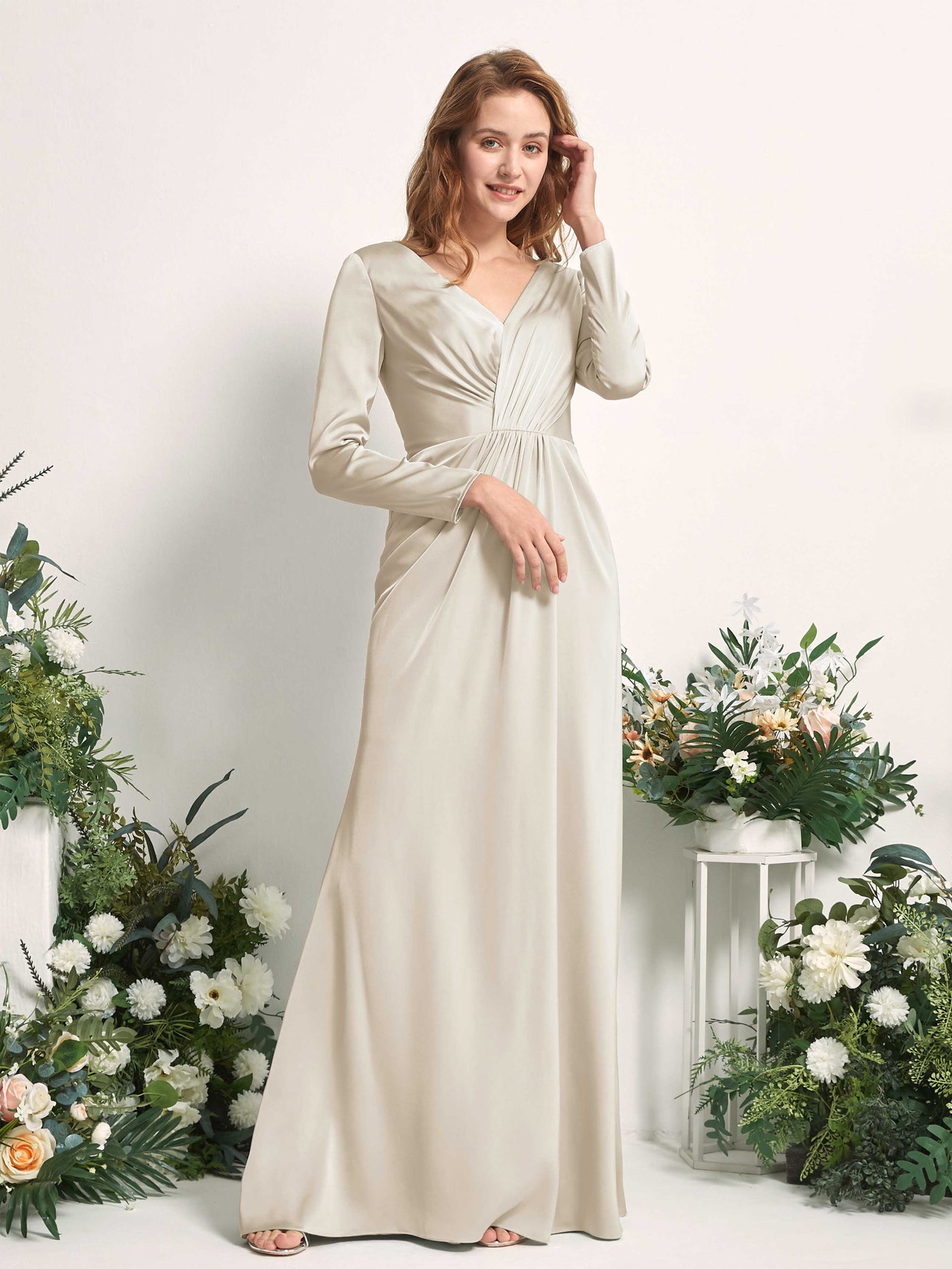 Champagne Bridesmaid Dresses Bridesmaid Dress A-line Satin V-neck Full Length Long Sleeves Wedding Party Dress (80225804)#color_champagne