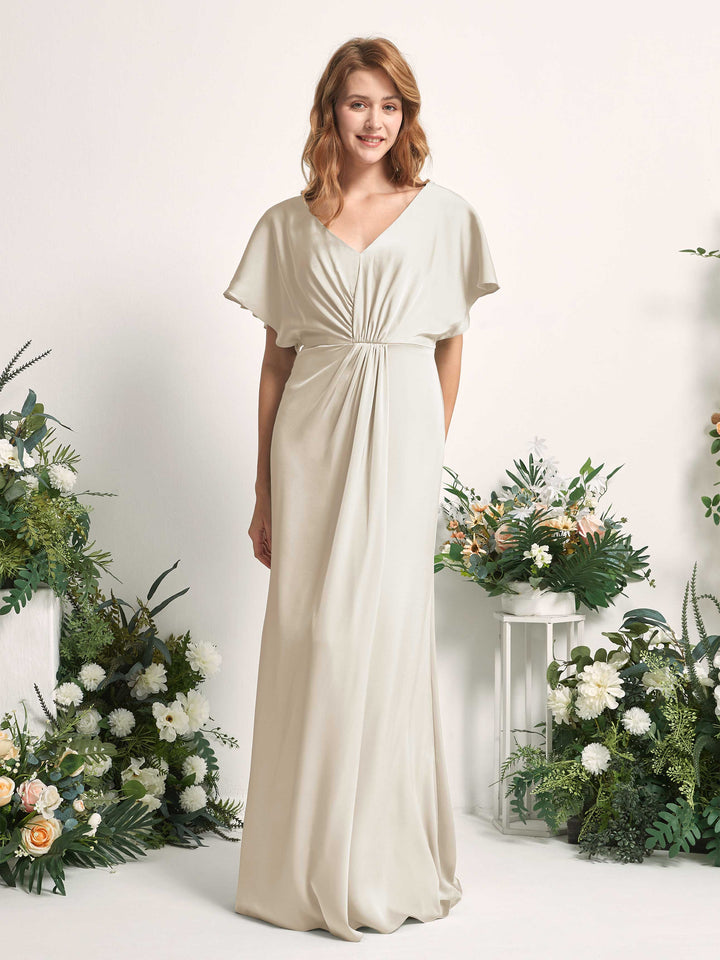 Champagne Bridesmaid Dresses Bridesmaid Dress A-line Satin V-neck Full Length Short Sleeves Wedding Party Dress (80225504)
