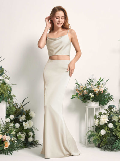 Carlyna Felicity Two-Piece Champagne Satin Bridesmaid Dress Maxi Sleeveless Cowl Neck Dress Front View #color_champagne