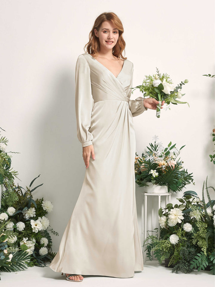 Champagne Bridesmaid Dresses Bridesmaid Dress Ball Gown Satin V-neck Full Length Long Sleeves Wedding Party Dress (80225104)
