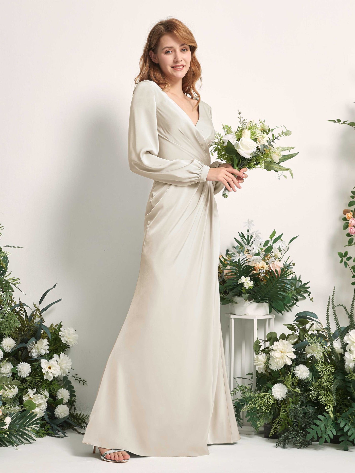 Dusty Blue Satin V-Neck Bridesmaid Dress Mermaid Floor-Length