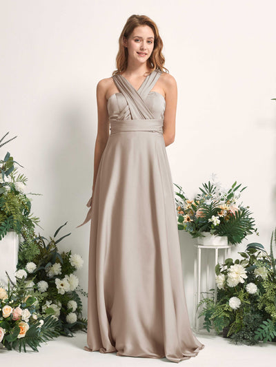 Carlyna Mirabelle Convertible Taupe Satin Bridesmaid Dress Maxi Sleeveless Sweetheart Dress Front View #color_taupe