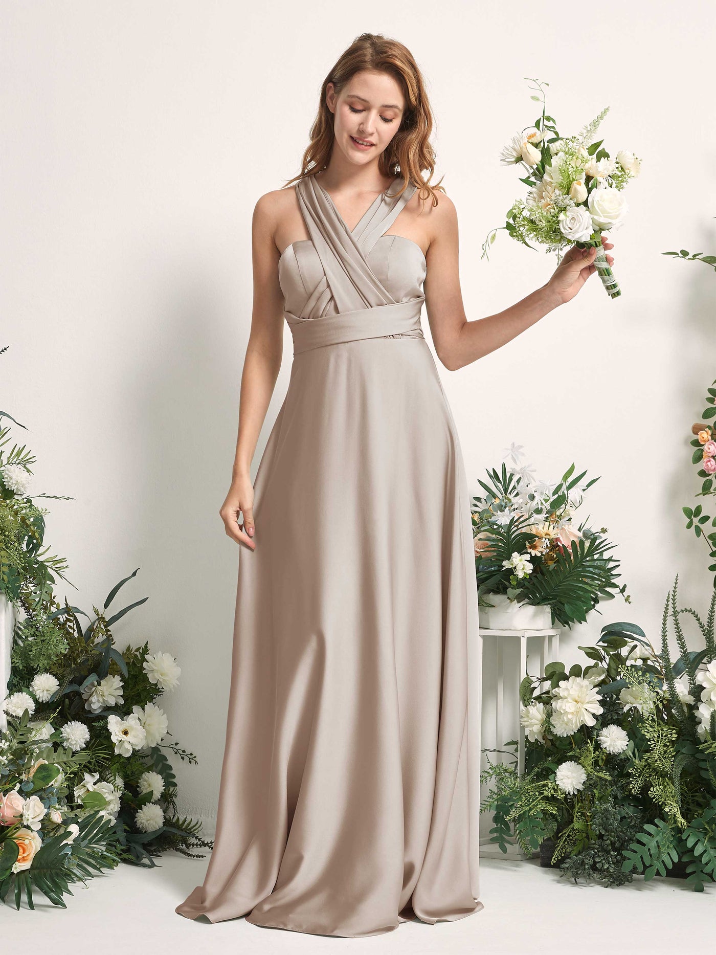 Taupe Bridesmaid Dresses Bridesmaid Dress A-line Satin Halter Full Length Short Sleeves Wedding Party Dress (81226402)#color_taupe
