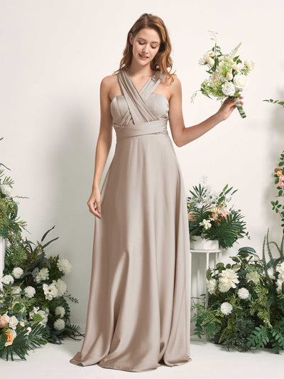 Carlyna Mirabelle Convertible Taupe Satin Bridesmaid Dress Maxi Sleeveless Sweetheart Dress Side View 2 #color_taupe