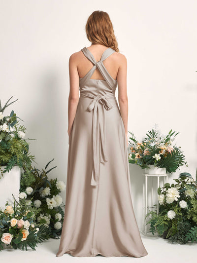 Carlyna Mirabelle Convertible Taupe Satin Bridesmaid Dress Maxi Sleeveless Sweetheart Dress Side View 3 #color_taupe