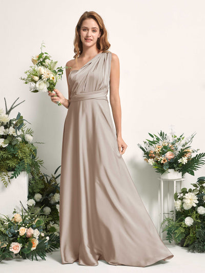 Carlyna Mirabelle Convertible Taupe Satin Bridesmaid Dress Maxi Sleeveless Sweetheart Dress Side View 7 #color_taupe