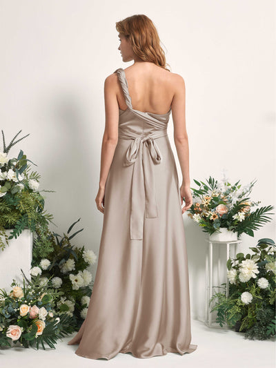 Carlyna Mirabelle Convertible Taupe Satin Bridesmaid Dress Maxi Sleeveless Sweetheart Dress Back View #color_taupe