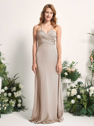 Carlyna Allison A-Line Taupe Satin Bridesmaid Dress Maxi Sleeveless V-Neck Dress Front View #color_taupe