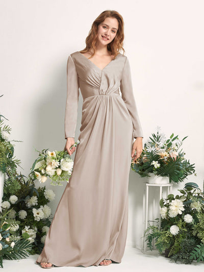 Carlyna Alicia Mermaid Taupe Satin Bridesmaid Dress Maxi Long Sleeve V-Neck Front View #color_taupe