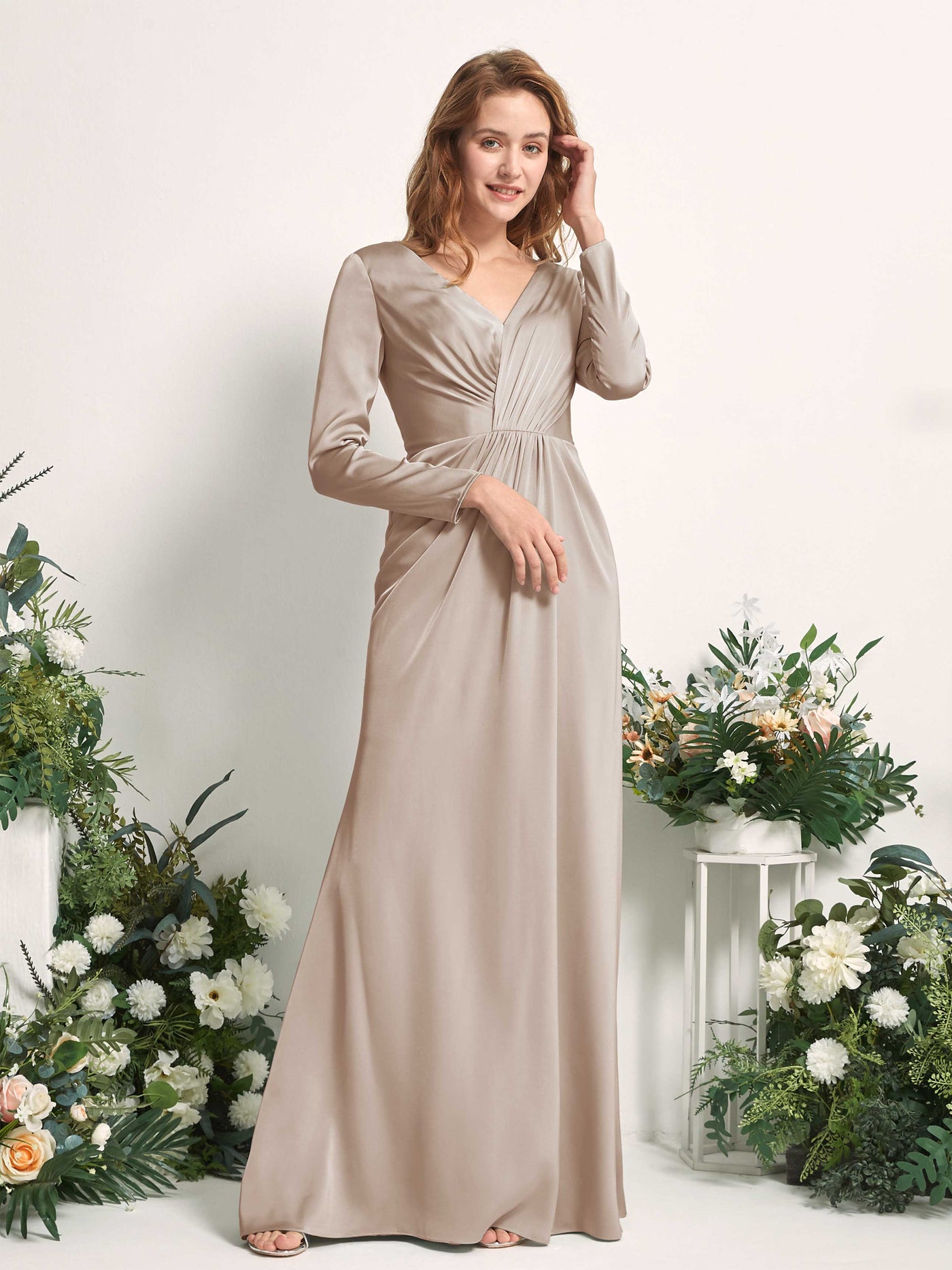 Taupe Bridesmaid Dresses Bridesmaid Dress A-line Satin V-neck Full Length Long Sleeves Wedding Party Dress (80225802)#color_taupe