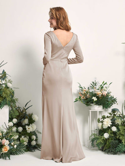 Carlyna Alicia Mermaid Taupe Satin Bridesmaid Dress Maxi Long Sleeve V-Neck Back View #color_taupe