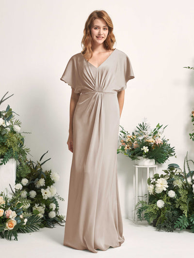 Carlyna Bailey A-Line Taupe Satin Bridesmaid Dress Maxi Cap Sleeve V-Neck Dress Front View #color_taupe