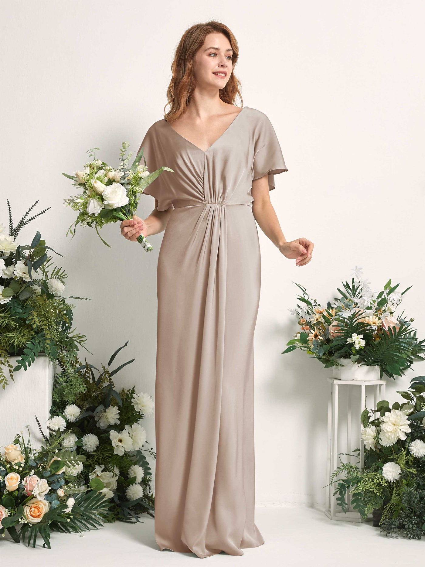 Taupe Bridesmaid Dresses Bridesmaid Dress A-line Satin V-neck Full Length Short Sleeves Wedding Party Dress (80225502)#color_taupe