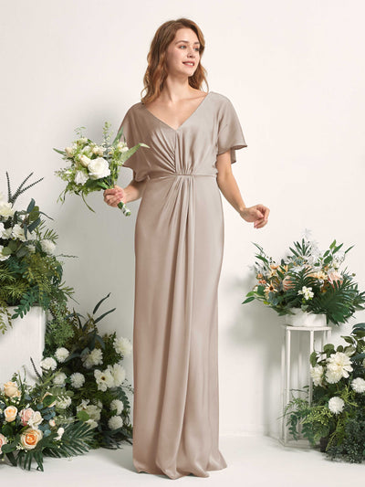 Carlyna Bailey A-Line Taupe Satin Bridesmaid Dress Maxi Cap Sleeve V-Neck Dress Side View 2 #color_taupe