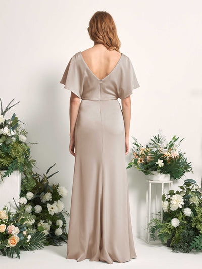 Carlyna Bailey A-Line Taupe Satin Bridesmaid Dress Maxi Cap Sleeve V-Neck Dress Back View #color_taupe