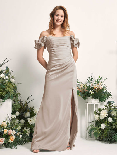 Carlyna Bianca Sheath Taupe Satin Bridesmaid Dress Maxi Sleeveless Cowl Neck Dress Front View #color_taupe