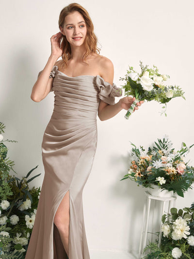 Carlyna Bianca Sheath Taupe Satin Bridesmaid Dress Maxi Sleeveless Cowl Neck Dress Side View 2 #color_taupe