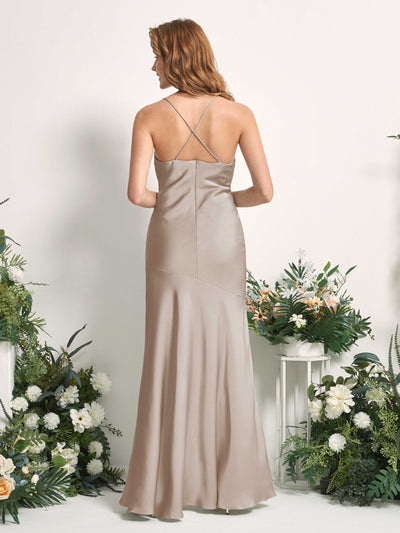 Carlyna Florence Mermaid Taupe Satin Bridesmaid Dress Maxi Sleeveless Cowl Neck Dress Back View #color_taupe