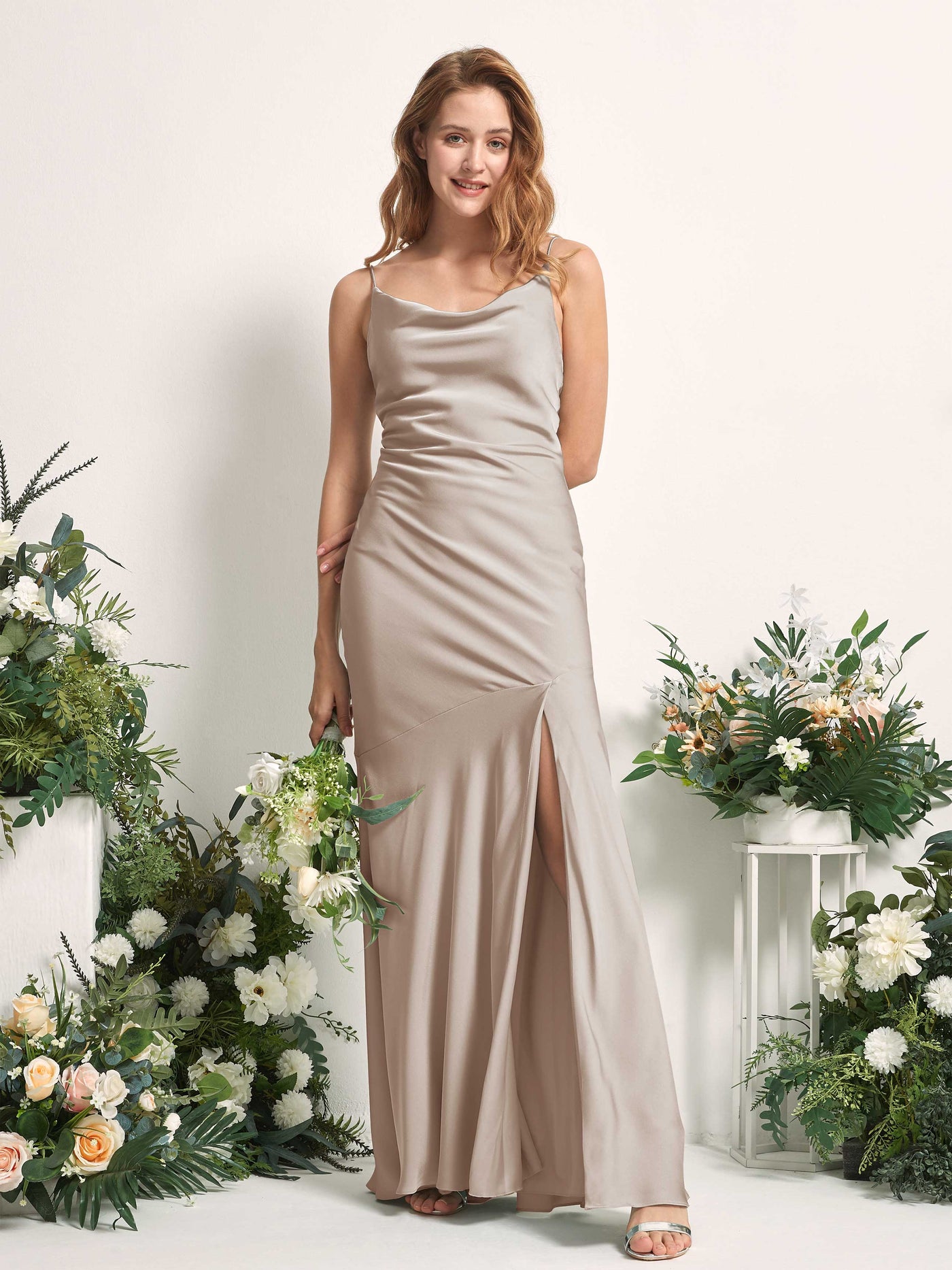 Taupe Bridesmaid Dresses Bridesmaid Dress Mermaid/Trumpet Satin Spaghetti-straps Full Length Sleeveless Wedding Party Dress (80225602)#color_taupe