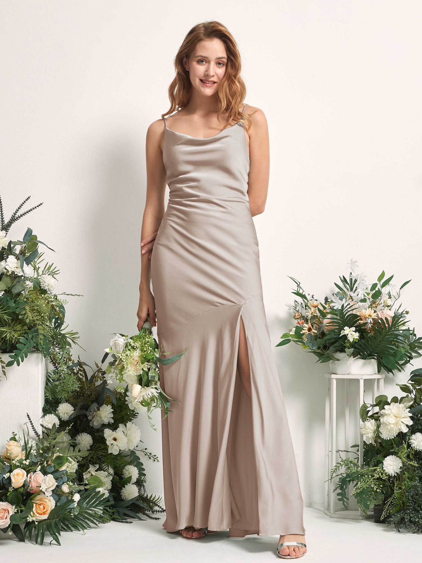Desert Rose Satin Bridesmaid Dress Mermaid Maxi Cowl Neck | Carlyna Desert Rose Satin Bridesmaid Dress Mermaid Maxi Cowl Neck | Carlyna