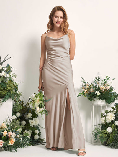 Carlyna Miranda Mermaid Taupe Satin Bridesmaid Dress Maxi Sleeveless Cowl Neck Dress Front View #color_taupe