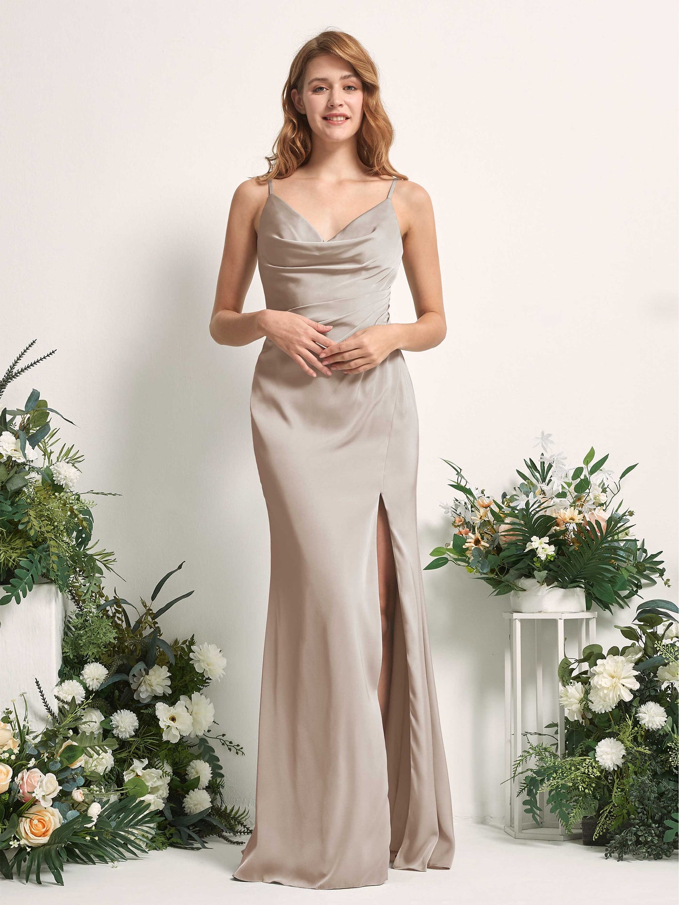 Taupe Bridesmaid Dresses Bridesmaid Dress Mermaid/Trumpet Satin Spaghetti-straps Full Length Sleeveless Wedding Party Dress (80225902)#color_taupe
