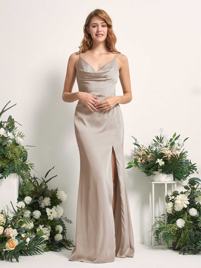 Carlyna Hayley Mermaid Taupe Satin Bridesmaid Dress Maxi Sleeveless V-Neck Dress Front View #color_taupe