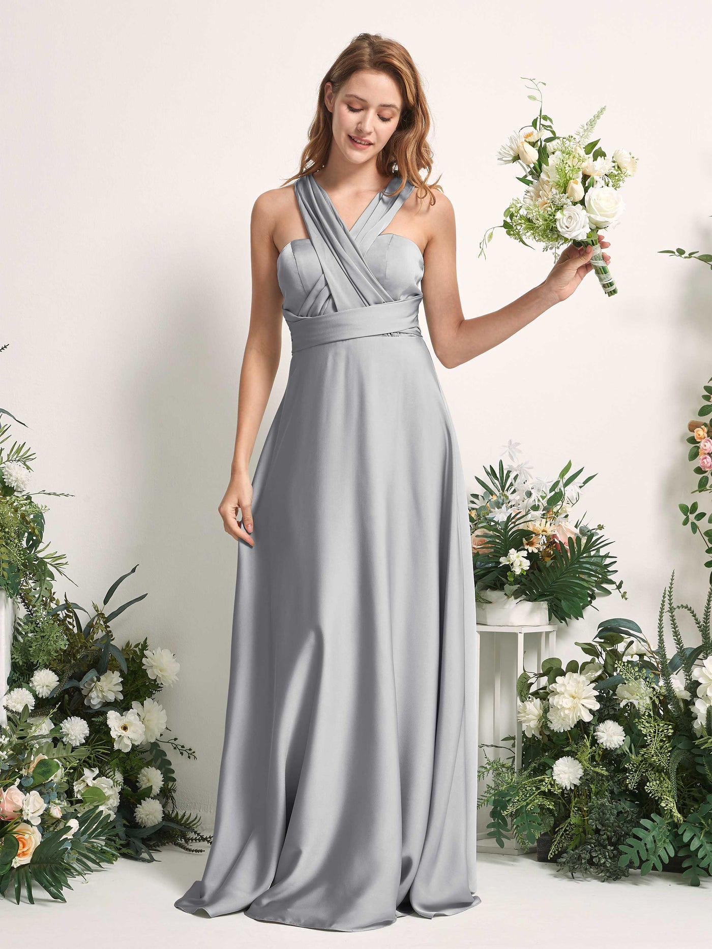 Dove Bridesmaid Dresses Bridesmaid Dress A-line Satin Halter Full Length Short Sleeves Wedding Party Dress (81226411)#color_dove