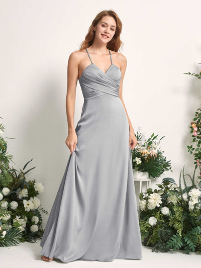 Carlyna Allison A-Line Dove Satin Bridesmaid Dress Maxi Sleeveless V-Neck Dress Side View 2 #color_dove