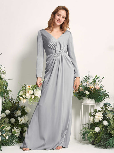 Carlyna Alicia Mermaid Dove Satin Bridesmaid Dress Maxi Long Sleeve V-Neck Front View #color_dove