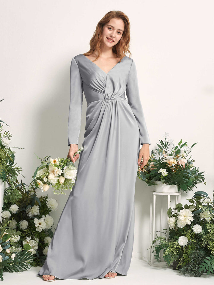 Dove Bridesmaid Dresses Bridesmaid Dress A-line Satin V-neck Full Length Long Sleeves Wedding Party Dress (80225811)