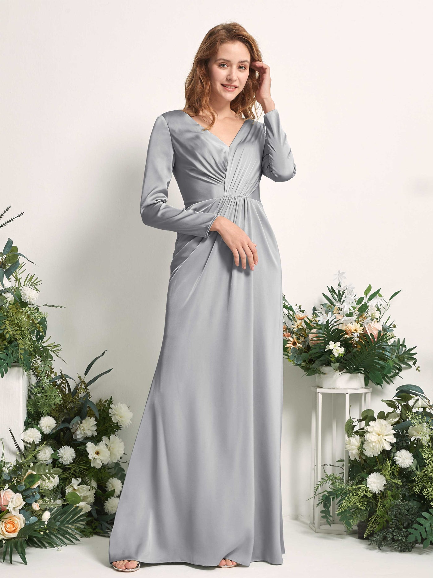Dove Bridesmaid Dresses Bridesmaid Dress A-line Satin V-neck Full Length Long Sleeves Wedding Party Dress (80225811)#color_dove
