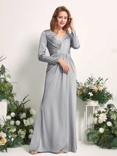 Carlyna Alicia Mermaid Dove Satin Bridesmaid Dress Maxi Long Sleeve V-Neck Side View 2 #color_dove