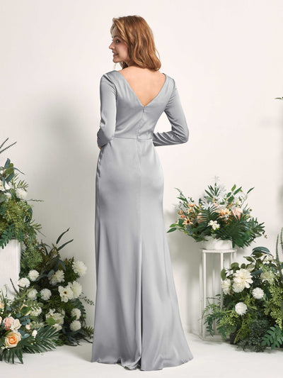 Carlyna Alicia Mermaid Dove Satin Bridesmaid Dress Maxi Long Sleeve V-Neck Back View #color_dove