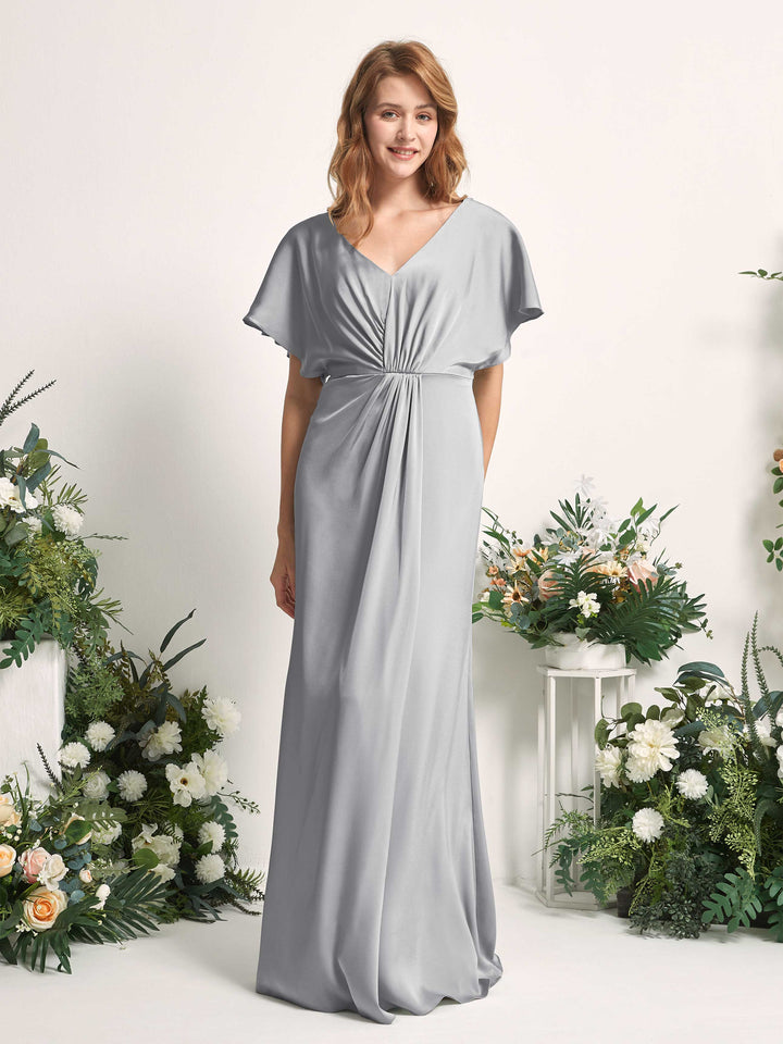 Dove Bridesmaid Dresses Bridesmaid Dress A-line Satin V-neck Full Length Short Sleeves Wedding Party Dress (80225511)