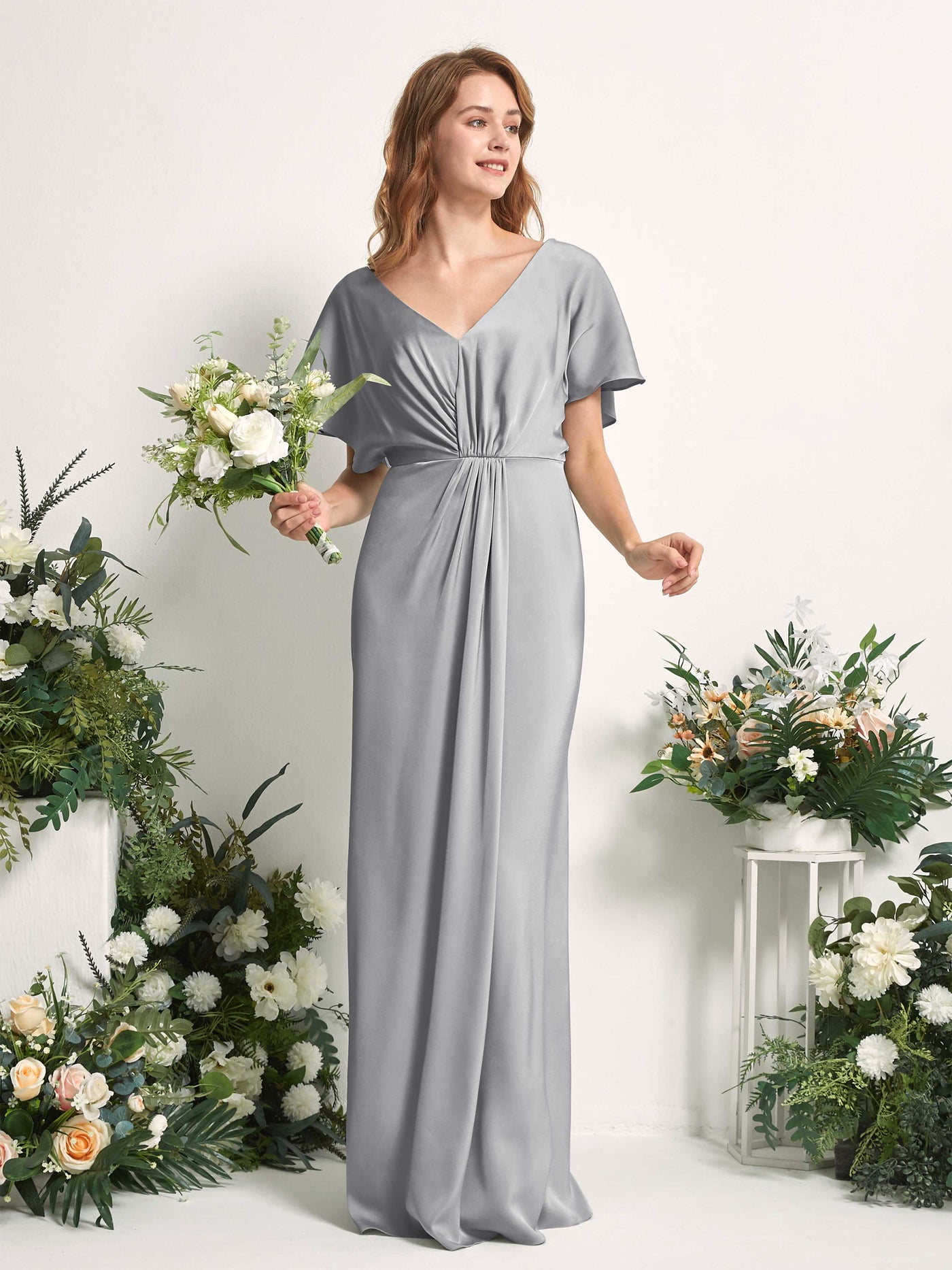 Dove Bridesmaid Dresses Bridesmaid Dress A-line Satin V-neck Full Length Short Sleeves Wedding Party Dress (80225511)#color_dove