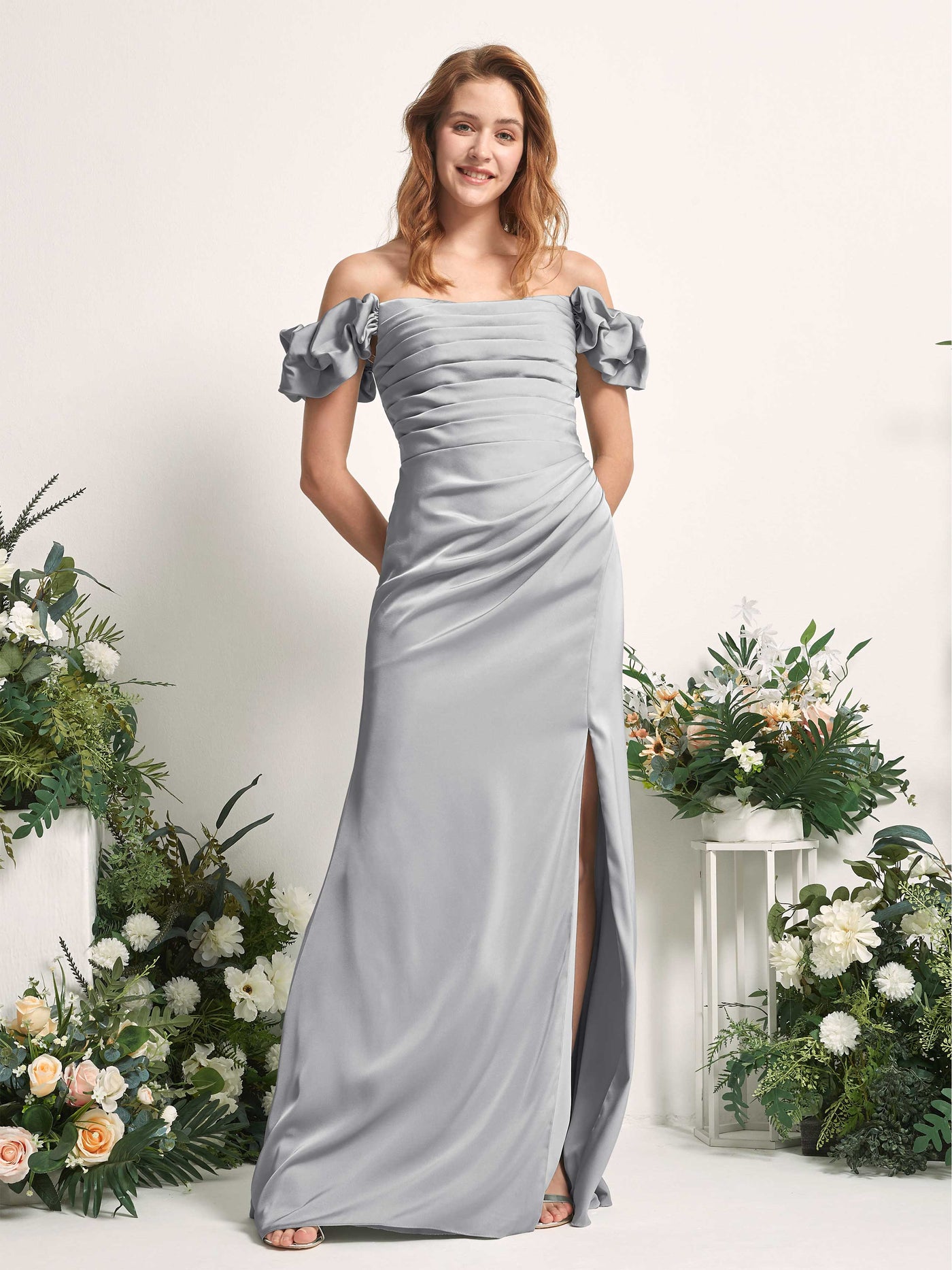 Dove Bridesmaid Dresses Bridesmaid Dress A-line Satin Off Shoulder Full Length Short Sleeves Wedding Party Dress (80226411)#color_dove