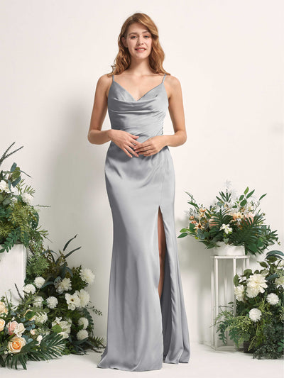 Carlyna Hayley Mermaid Dove Satin Bridesmaid Dress Maxi Sleeveless V-Neck Dress Front View #color_dove