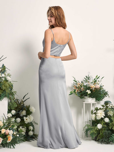 Carlyna Felicity Two-Piece Dove Satin Bridesmaid Dress Maxi Sleeveless Cowl Neck Dress Back View #color_dove
