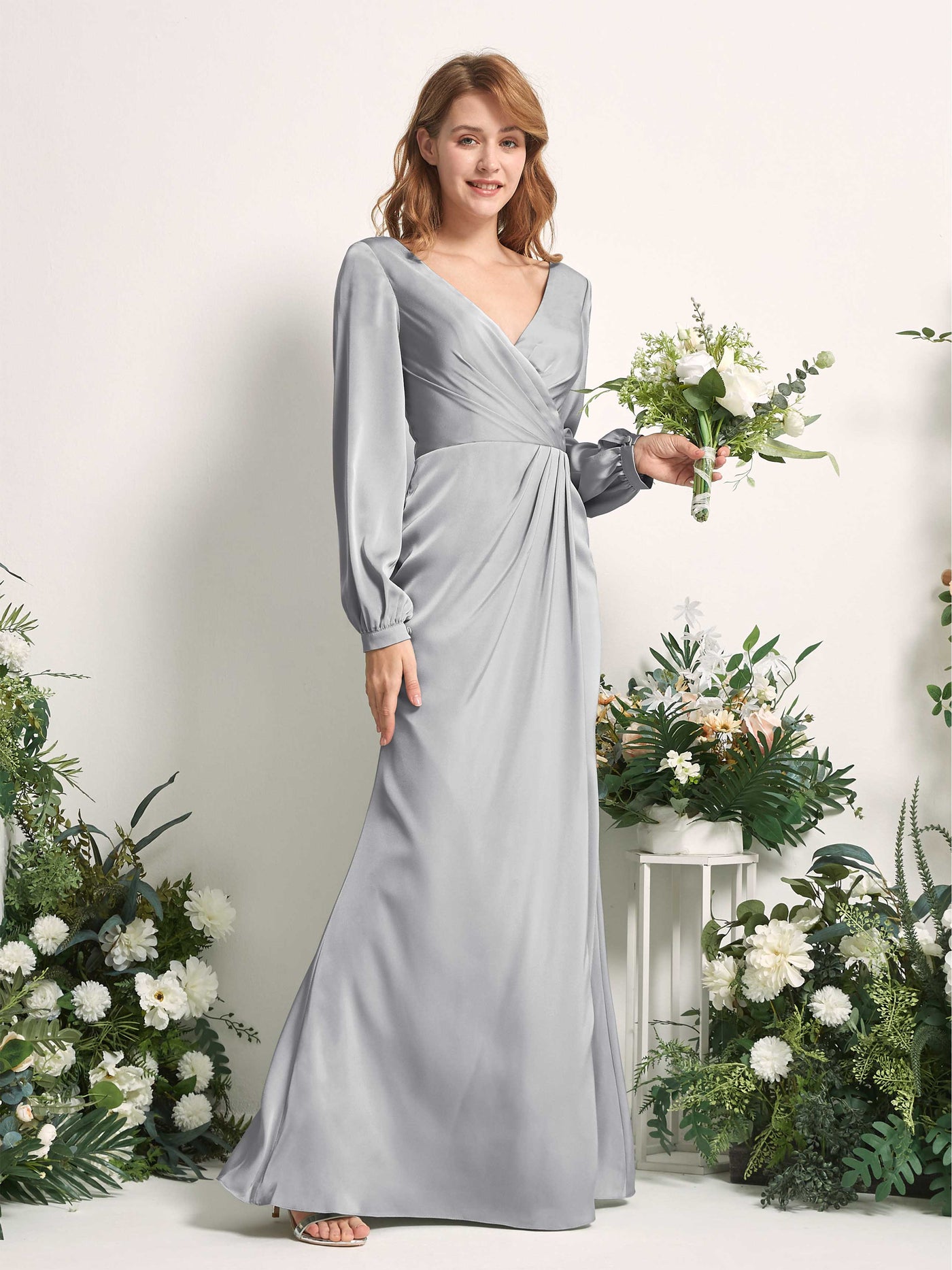 Dove Bridesmaid Dresses Bridesmaid Dress Ball Gown Satin V-neck Full Length Long Sleeves Wedding Party Dress (80225111)#color_dove